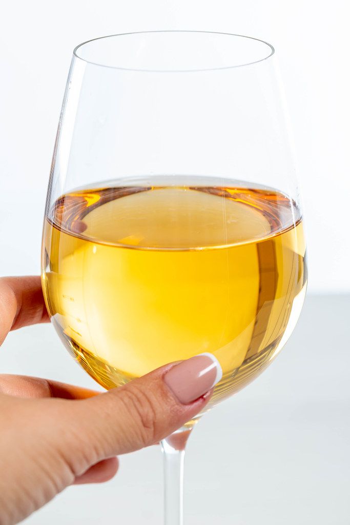 Woman's hand holding a glass of white wine, close-up