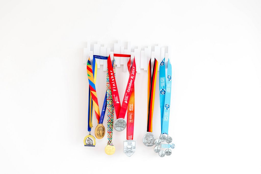 World Marathon Medals from Boston, New York, Chicago, Tokio, London and Berlin on white background