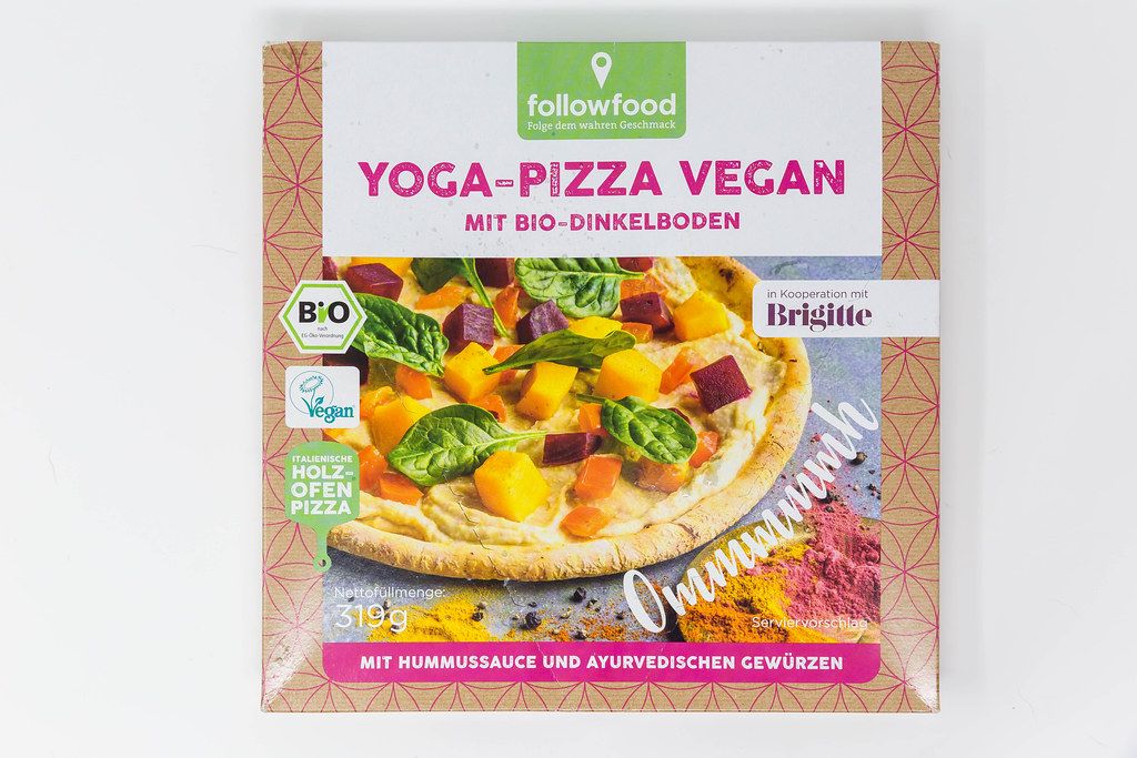 Yoga-Pizza Vegan von Followfood. Die Marke bietet nur Lebensmittel aus ökologischer Landwirtschaft an