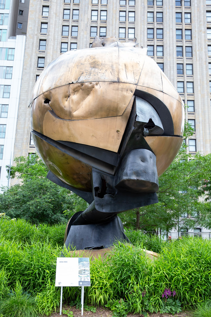 9/11 Monument Koenig Sphere sculpture by artist Fritz Koenig between former twin towers in New York