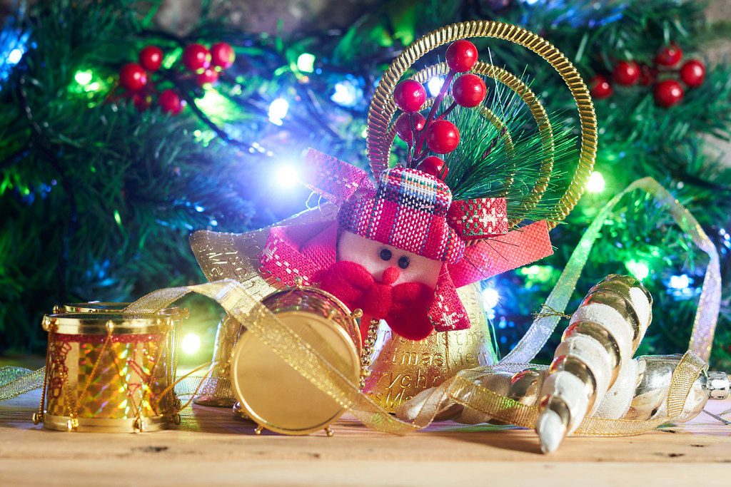 A colorful Christmas decorations background with toys