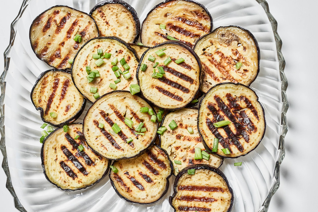 A full plate of baked eggplant cuts