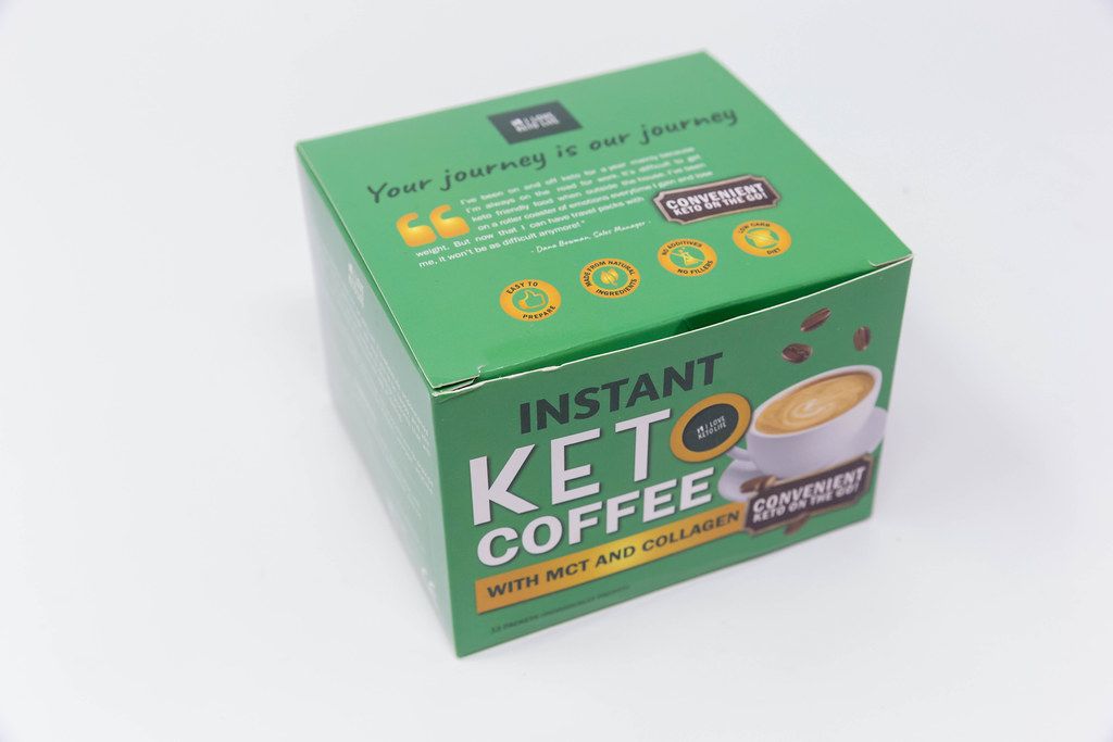 A green box of instant Keto coffee with MCT and collagen for a low-carb, high-fat ketogenic diet