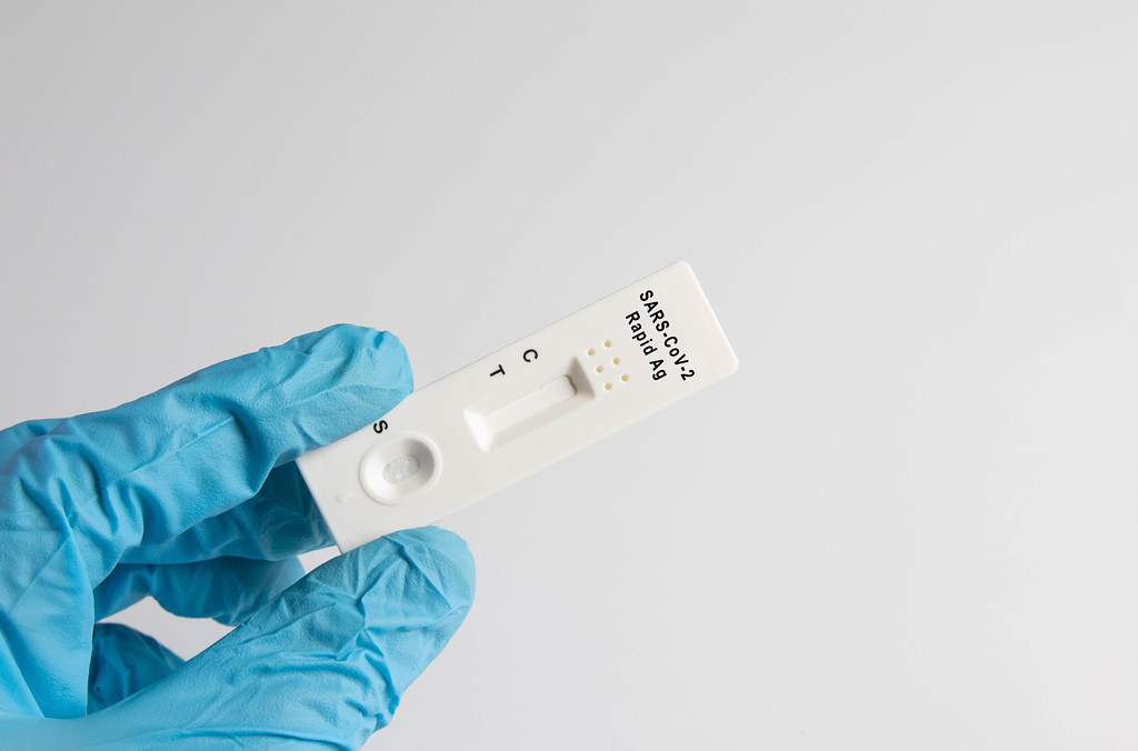 A nurse wearing latex gloves holds a covid-19 antigen test