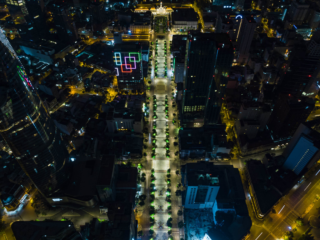 Aerial Drone Night Photo of Nguyen Hue Walking Street with the People's Committee of Ho Chi Minh City, Vietnam