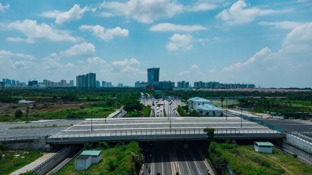 Aerial Drone Photo of an Empty Bridge above the Thu Thiem Road Tunnel in District 2 in Ho Chi Minh City, Vietnam