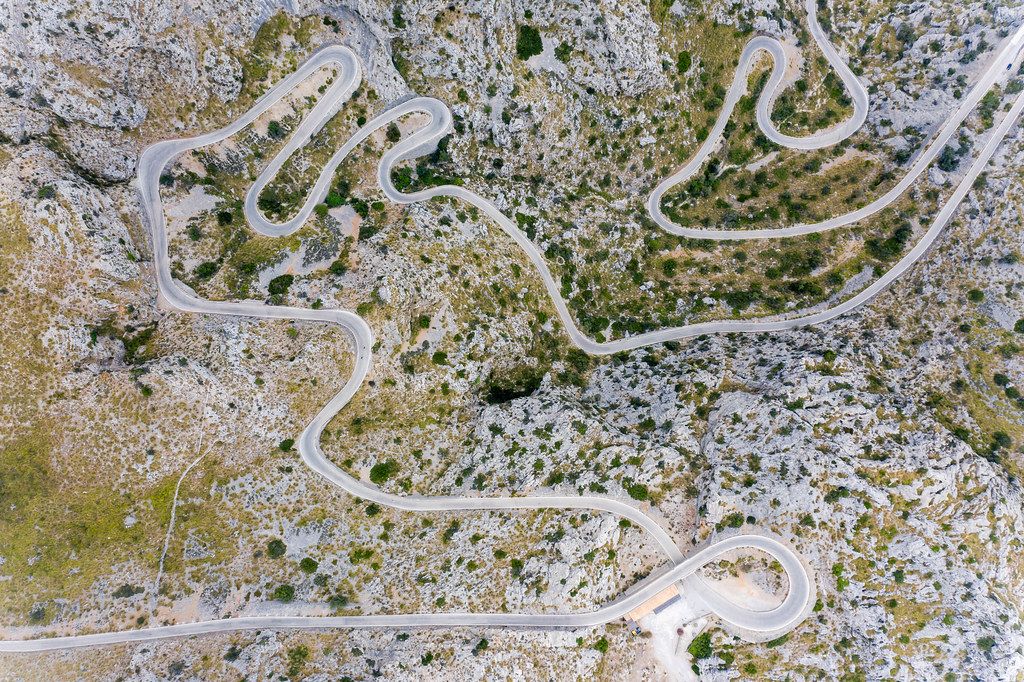 Aerial view. Hairpin turns and 360° curves of famous "snake road" in Majorca: Carretera de Sa Calobra