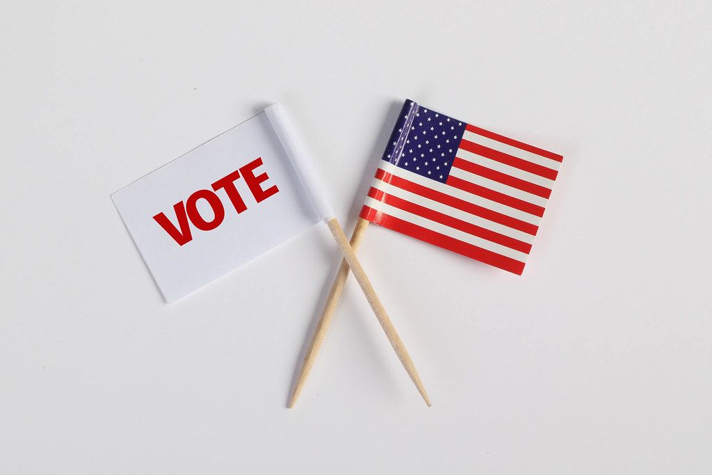 American flag and white flag with vote text on white background