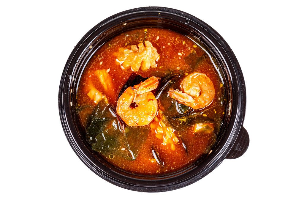 Asian seafood soup, top view