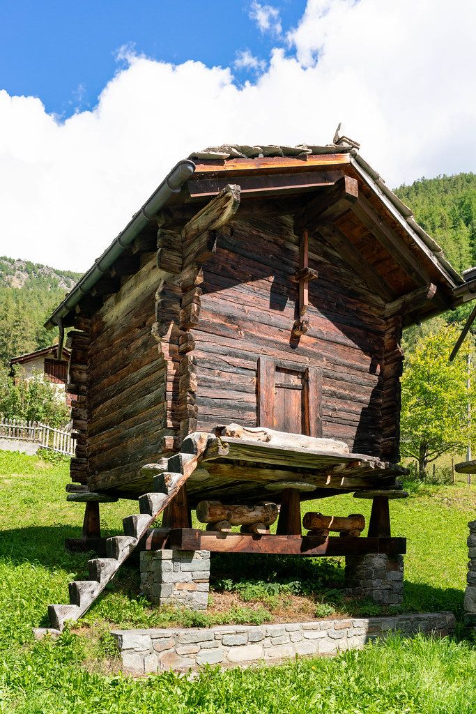 Authentic old Swiss shed on pillars with wood carved steps leading to it