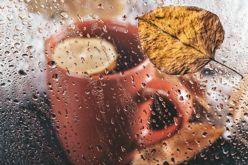 Autumn background with a red cup of tea with a window wet from the rain