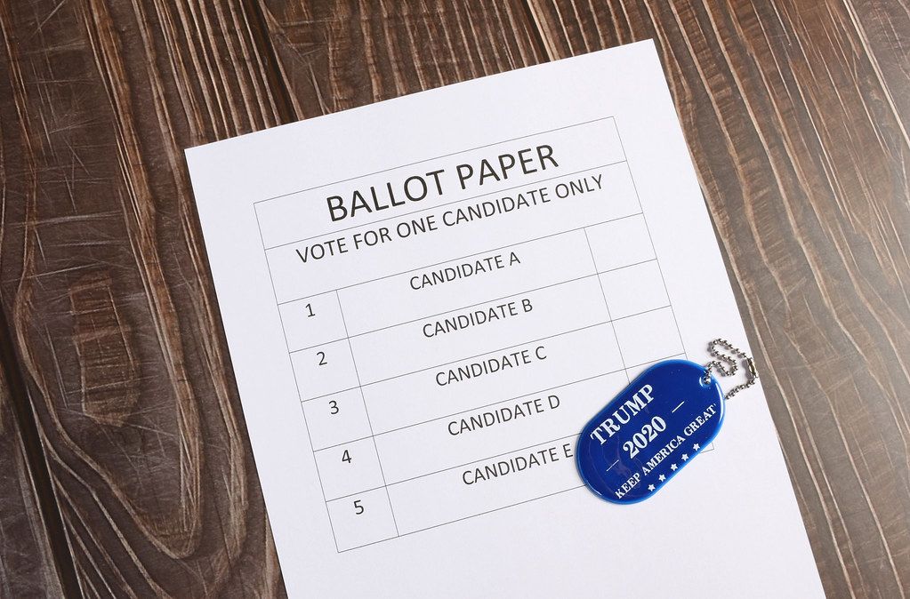 Ballot paper with blue military tag with Trump 2020 text