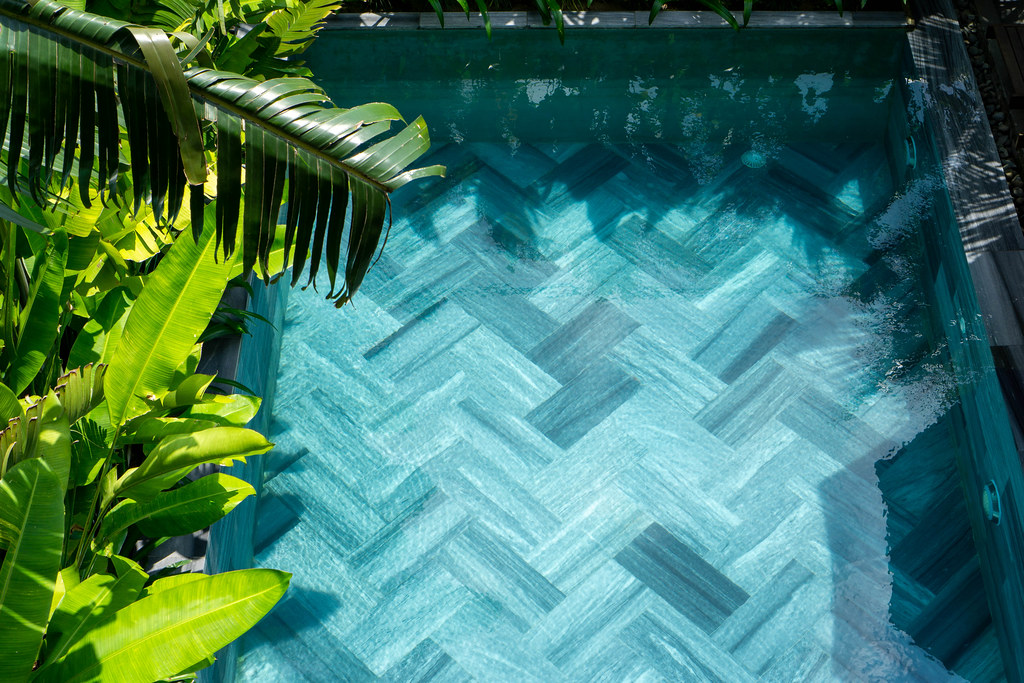Banana Leaves, Palm Trees and other Plants around a Small Swimming Pool at a Hotel in Hoi An, Vietnam