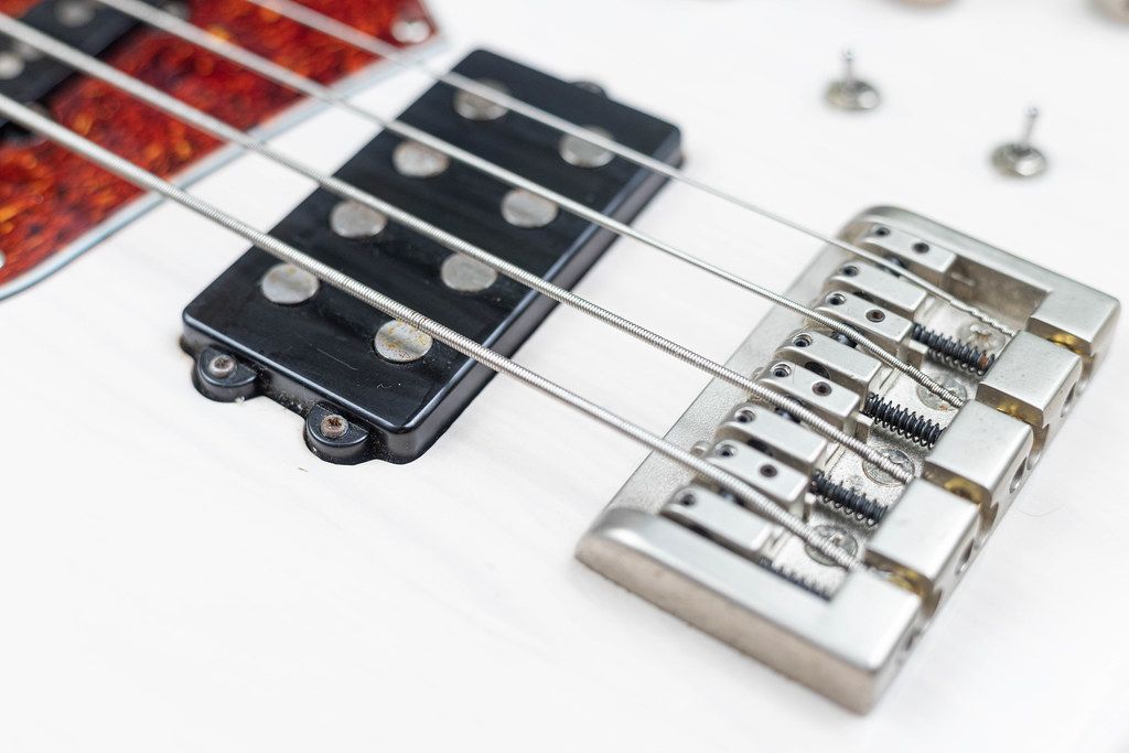 Bass Guitar body closeup of bridge and magnets