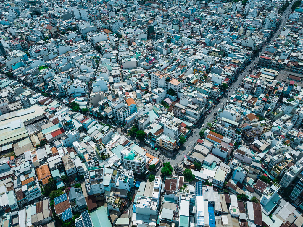Bird View Drone Photo of a Residential Area with many Houses and interesting Street and Alley System in Ho Chi Minh City, Vietnam