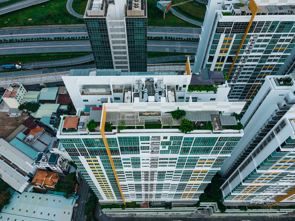 Bird View Drone Photo of The Vista Apartment Building in District 2 in Ho Chi Minh City, Vietnam