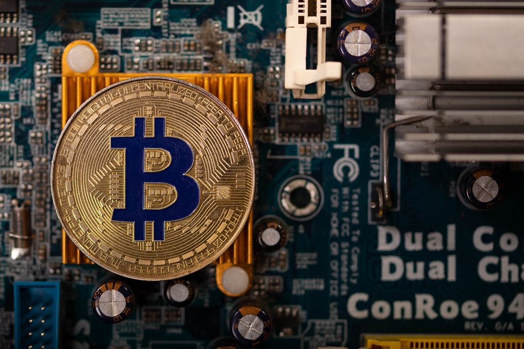 Bitcoin coin on computer chips