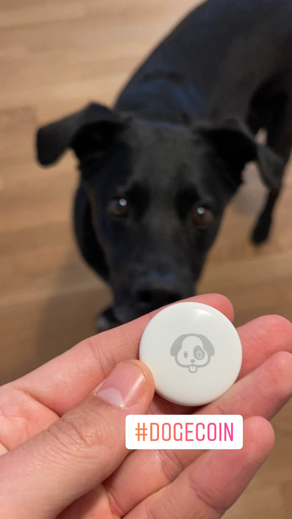 Black dog and hand holding a white coin (AirTag) with a dog on it and hashtag #dogecoin for the new cryptocurrency