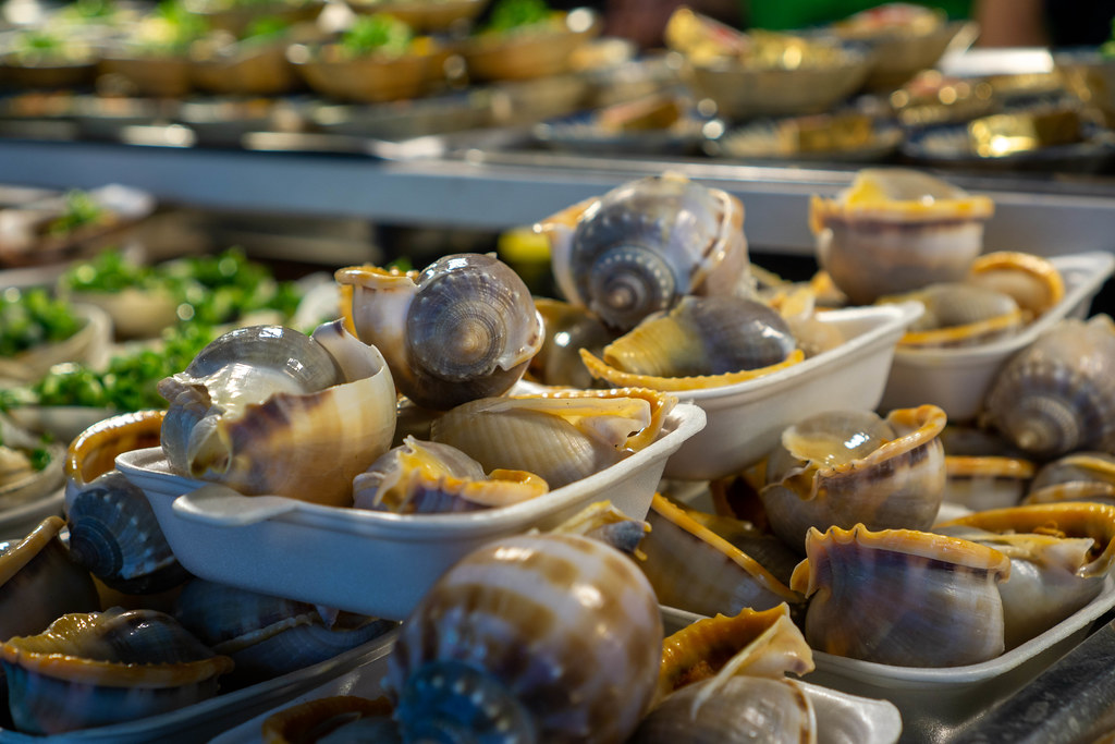Bokeh Photo of Boiled Garlic Snails sold as a Street Food Snack at Phu Quoc Night Market in Vietnam