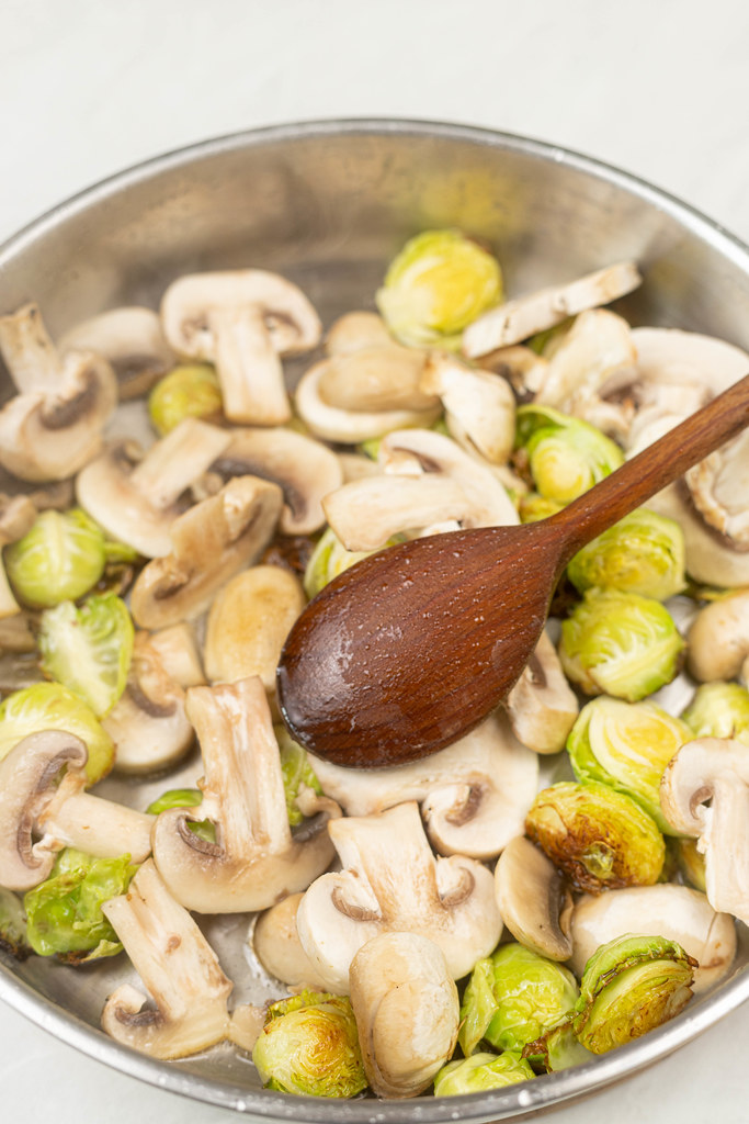 Brussel Sprouts with Mushrooms in the frying pan