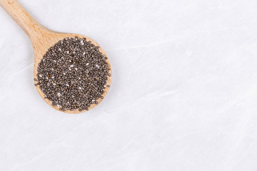 Chia Seeds on the wooden spoon with copy space