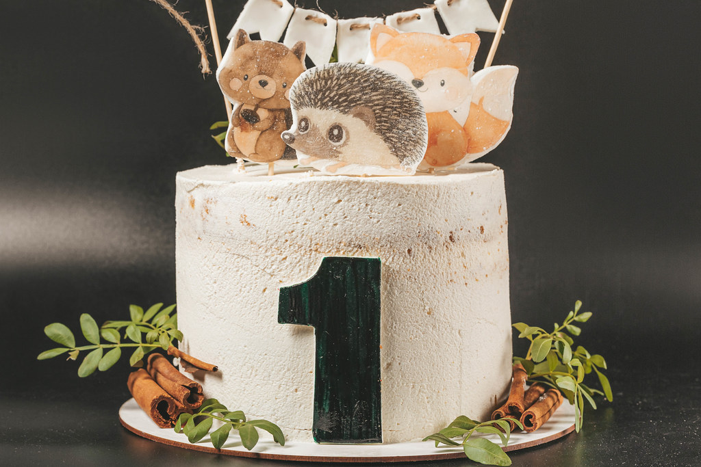 Child's birthday cake decorated with animal figurines on a dark background