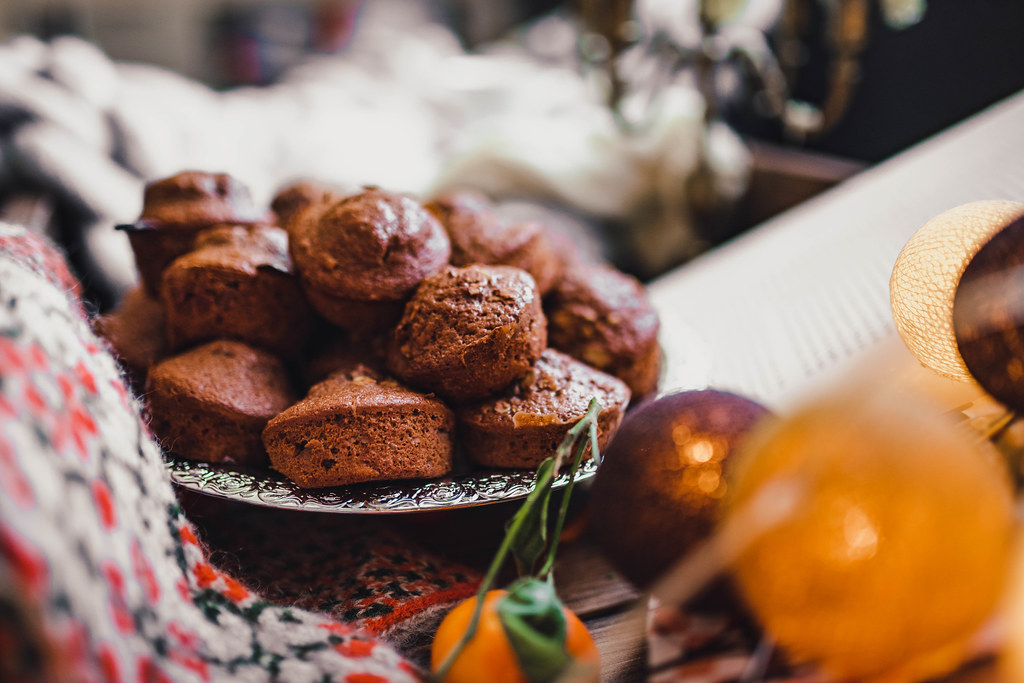 Chocolate Muffins On Winter Hygge Set With Lights