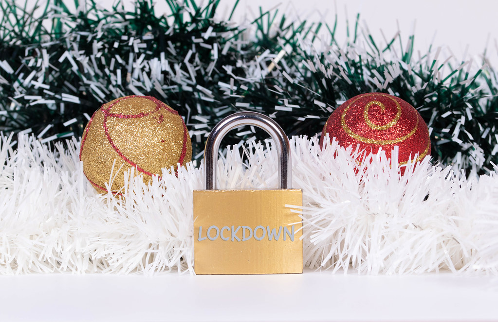 Christmas ornaments and padlock with Lockdown text