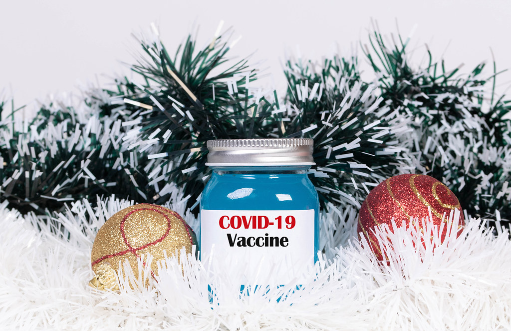 Christmas ornaments with Covid-19 vaccine bottle