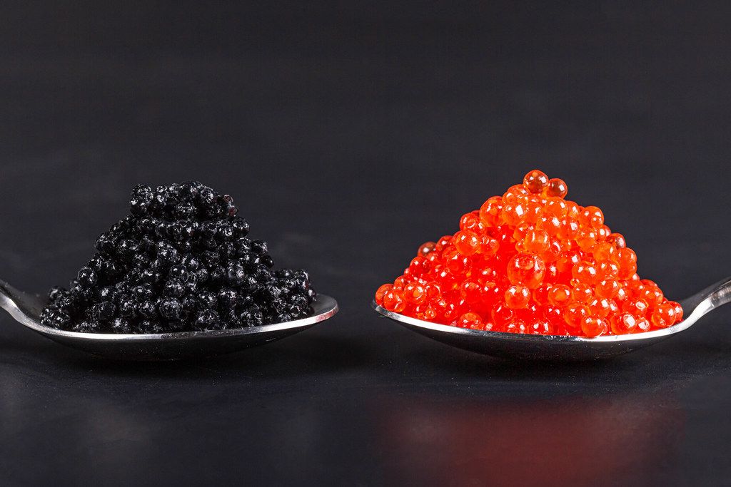 Close-up, black and red caviar in spoons on a dark background