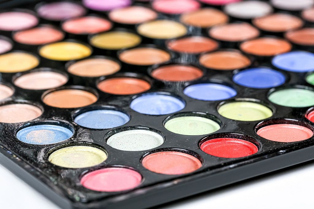 Close-up, multi-colored eye shadow. Eye makeup cosmetics