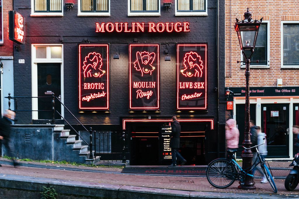 Close up of Moulin Rouge sex establishment in red light district of Amsterdam