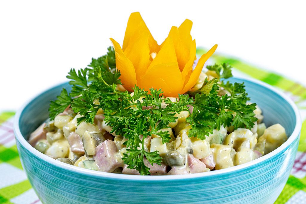 Close-up, olivier salad in a bowl
