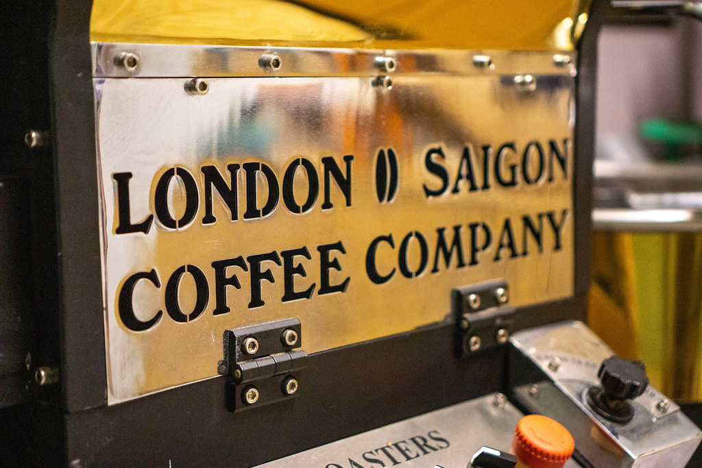 Close Up Photo of London Saigon Coffee Company Brand Name on an Electric Coffee Roasting Machine