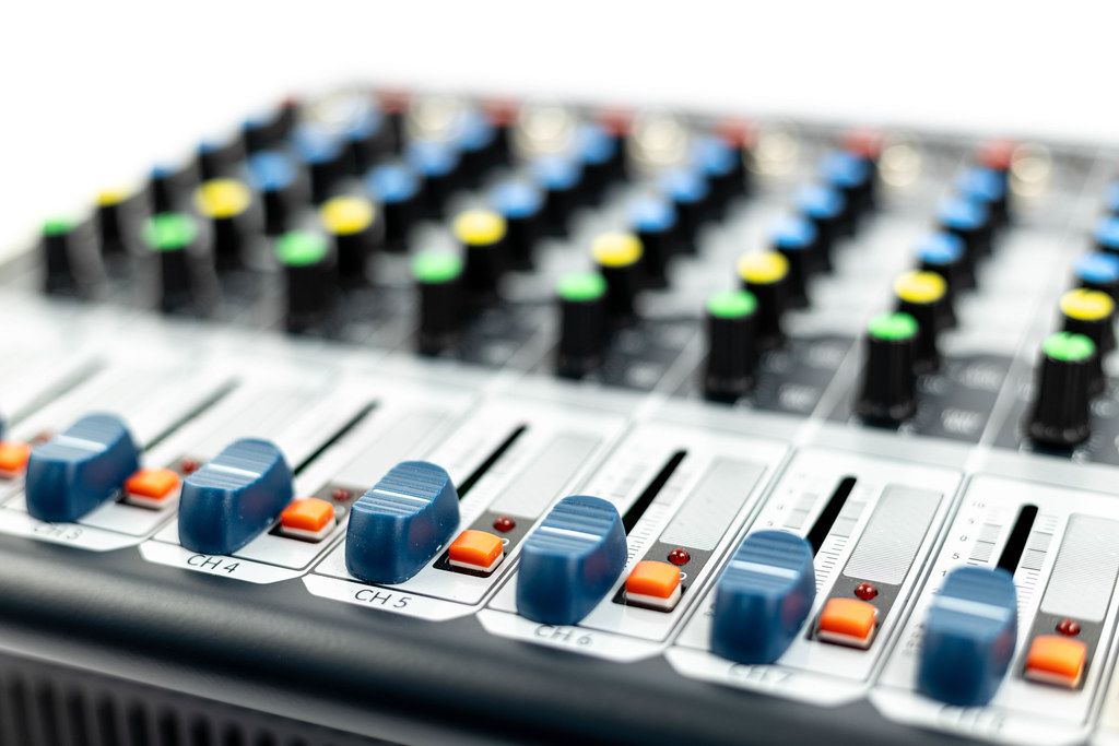 Closeup of Music Studio Mixer Console Knobs