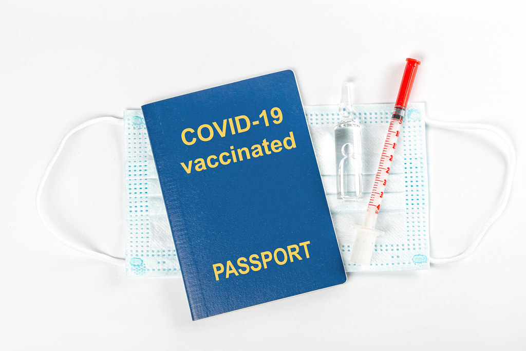 Covid vaccination passport with medical mask, syringe and ampoule, top view