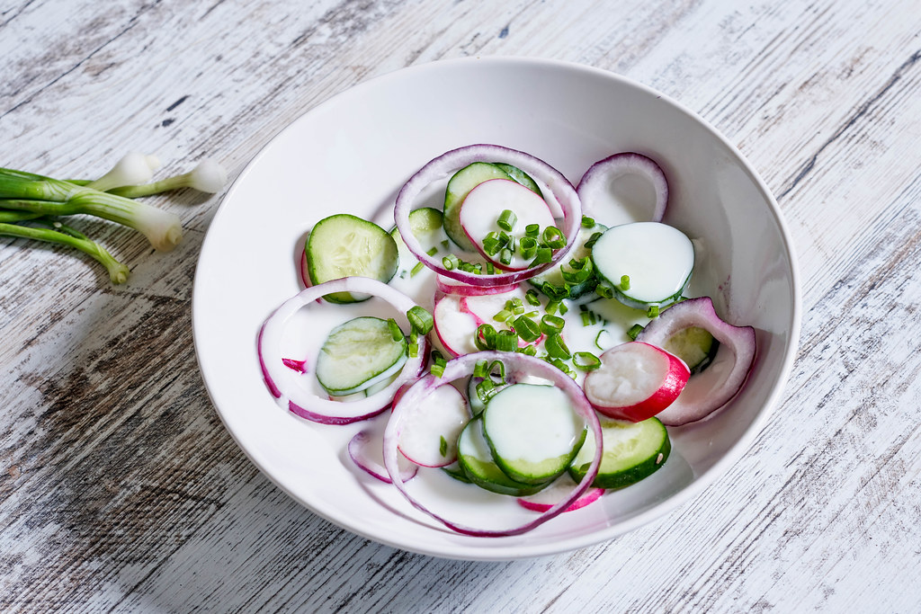 Cucumber, radish and onion based healthy salad