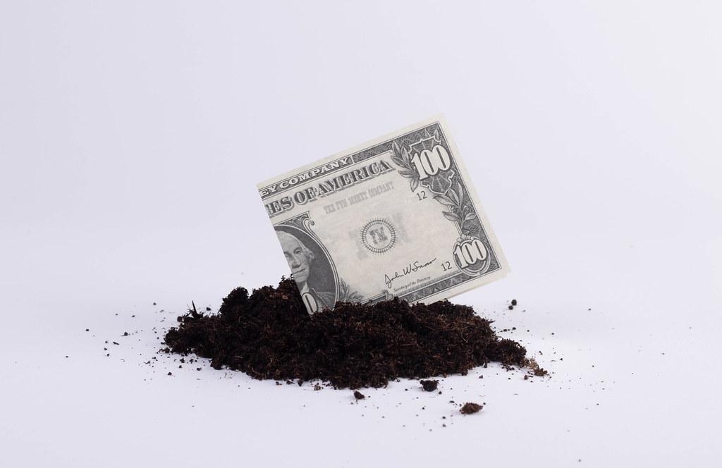 Dollar banknote in a pile of soil
