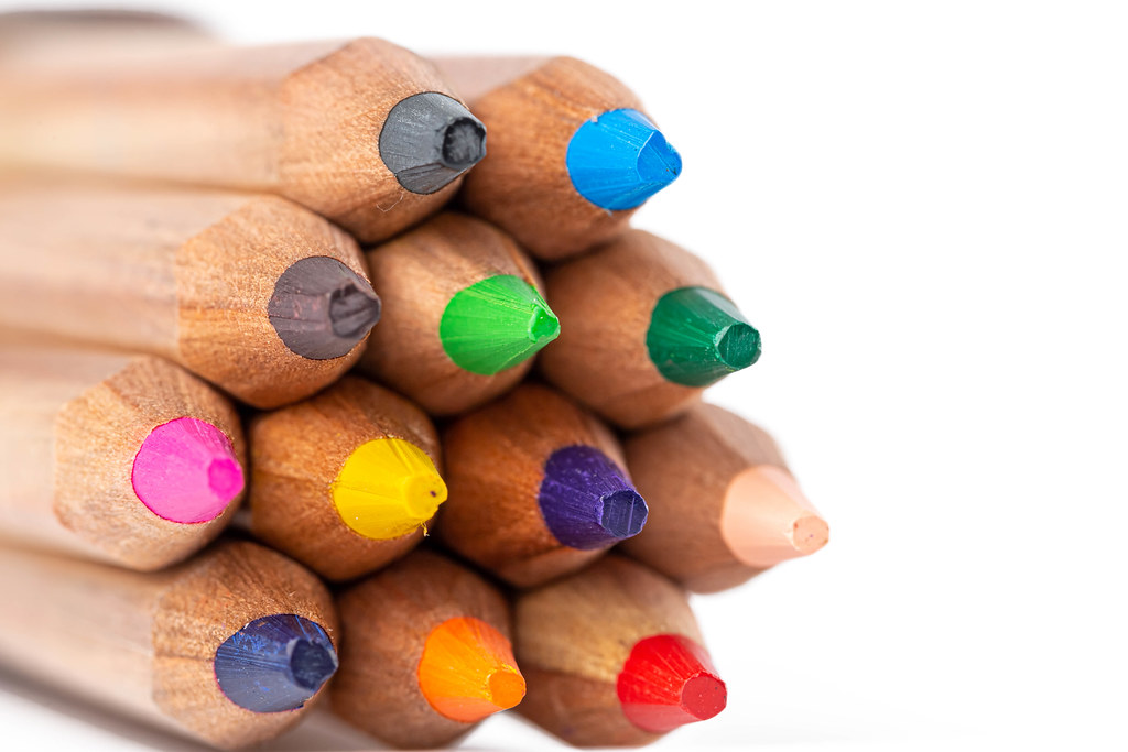 Drawing supplies: assorted color pencils, close up