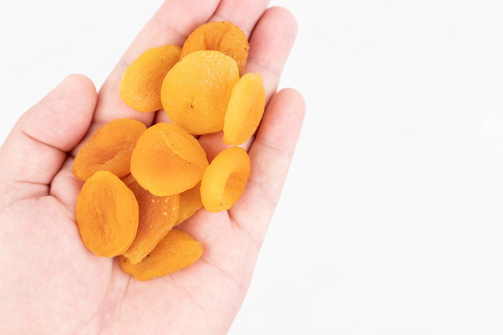 Dried Peaches on the hand with copy space
