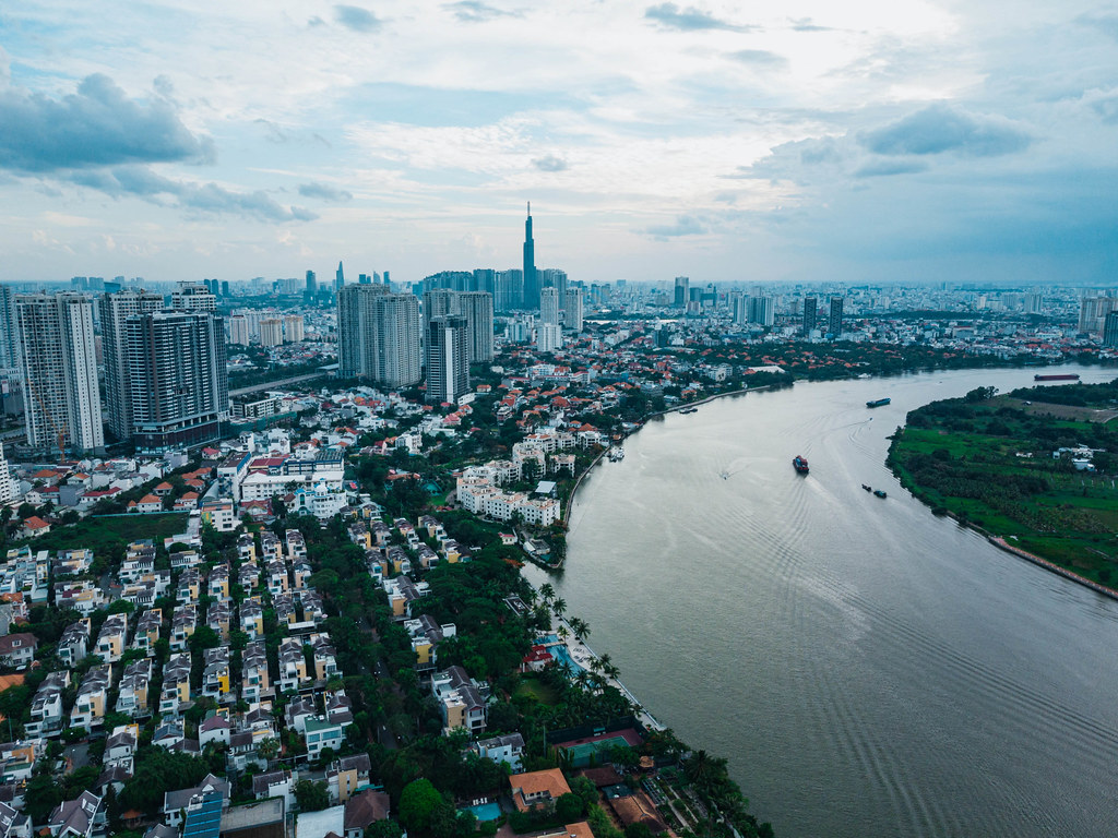 Drone Photo of Saigon Skyline with Landmark 81, Bitexco Financial Tower and Saigon River from An Phu in District 2 in Ho Chi Minh City, Vietnam