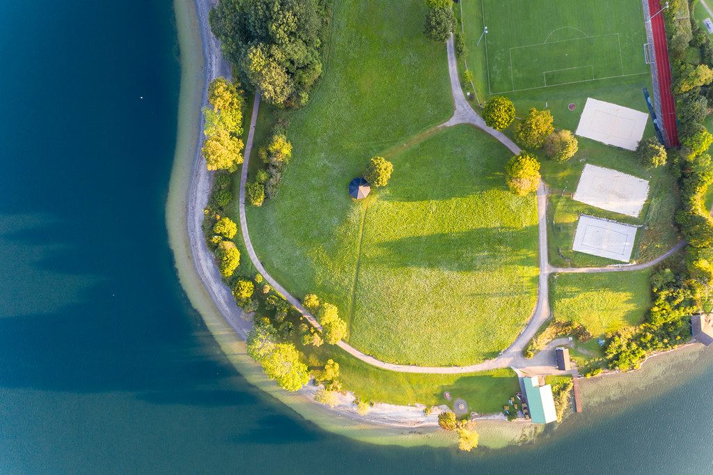Drone photo of the town of Leeberg on the shore of the Tegernsee in Bavaria, Germany
