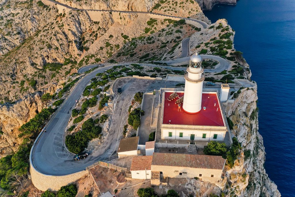 Drone photo: the last hairpin turns of the serpentine road leading to the Cap de Formentor lighthouse