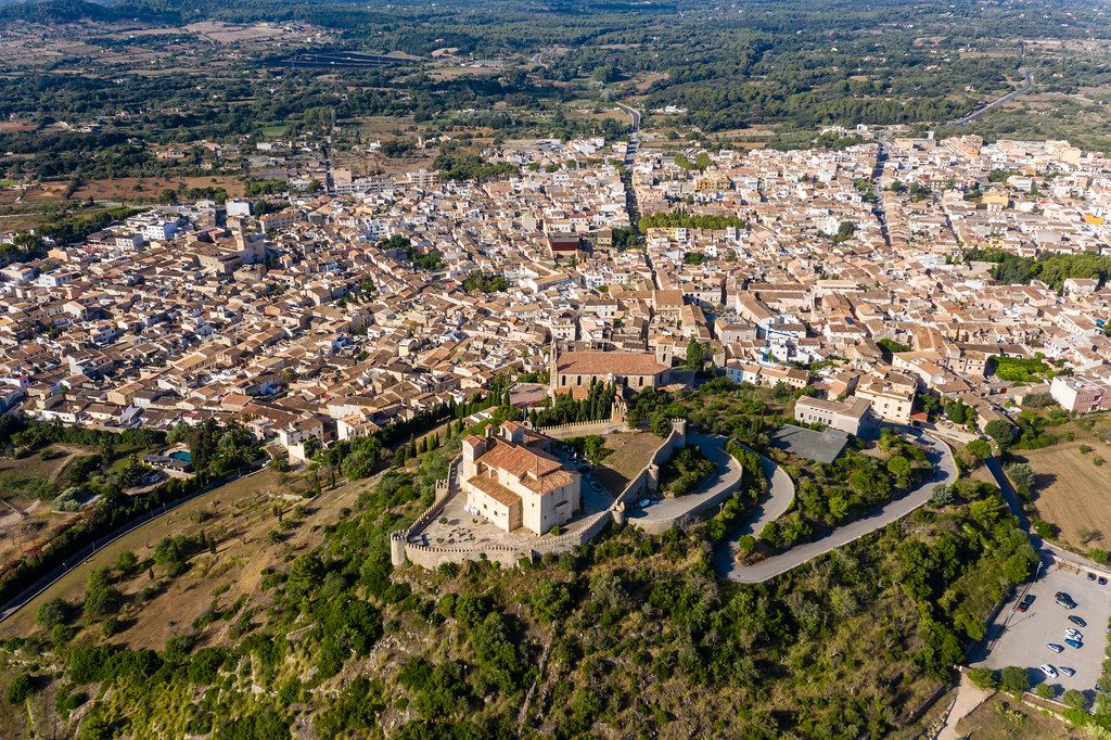 Drone pic. Puig de Sant Salvador, Artà, Mallorca: the hill on whose top the Santuari de Sant Salvador rests