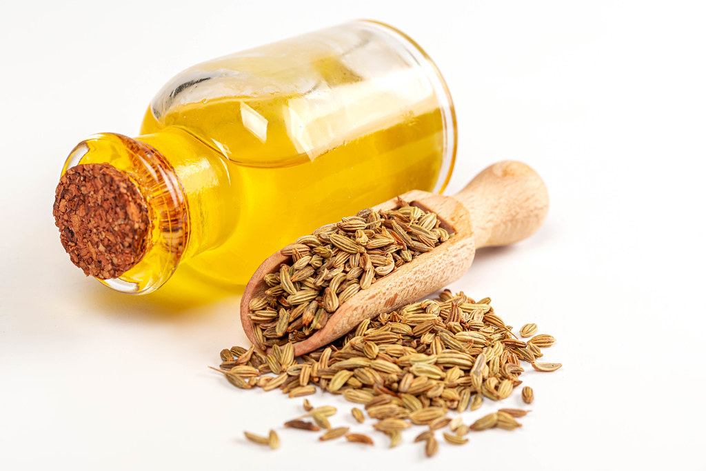 Essential oil in a bottle with fennel seeds in scoop and scattered on white background