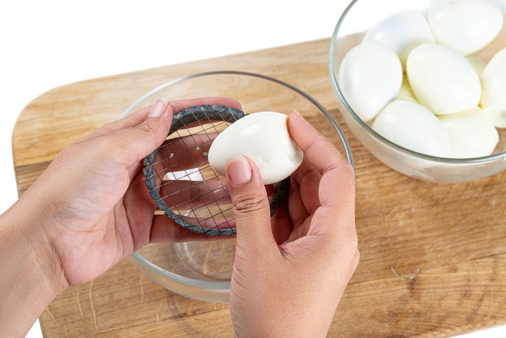Female hands hold boiled chicken egg and egg cutter