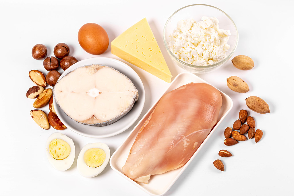 Fish, meat, eggs, dairy products and nuts - protein diet concept
