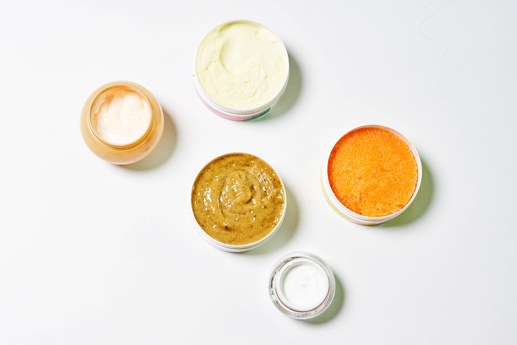 Five different cosmetic creams for face, hand and body