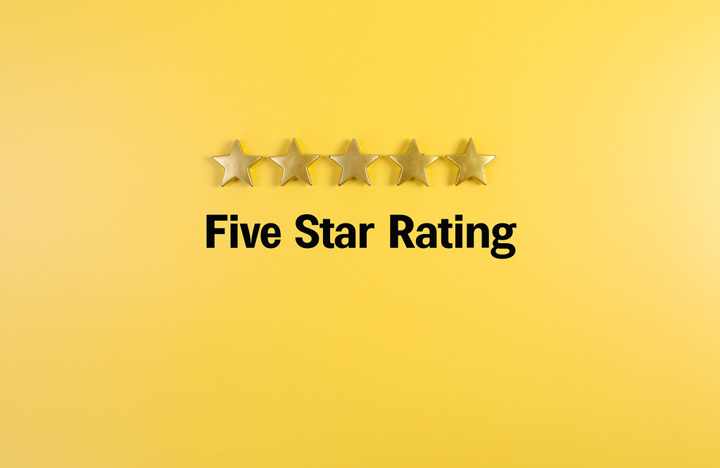 Five golden stars with Five Star Rating text