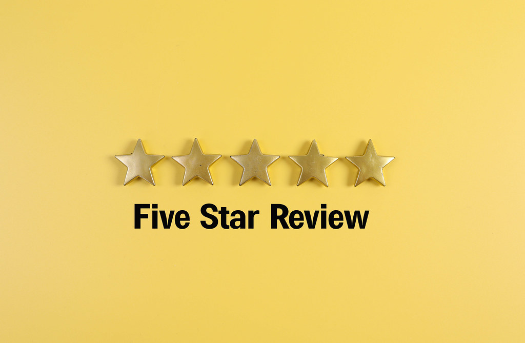 Five golden stars with Five Star Review text
